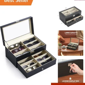 Compact Leather Eyewear Organizer with Transparent Top and 12 Compartments